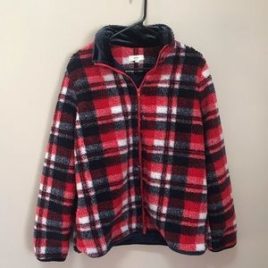 Navy and Red Plaid Sherpa Zip Up